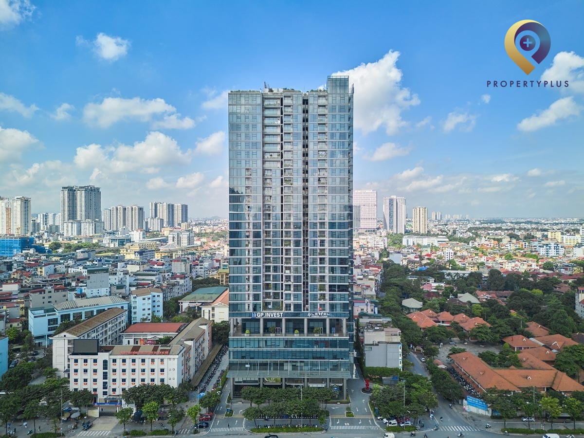 Toà nhà The Nine nhìn từ xa với kiến trúc hiện đại nổi bật tại Quận Cầu Giấy, Hà Nội - hình ảnh từ Property Plus